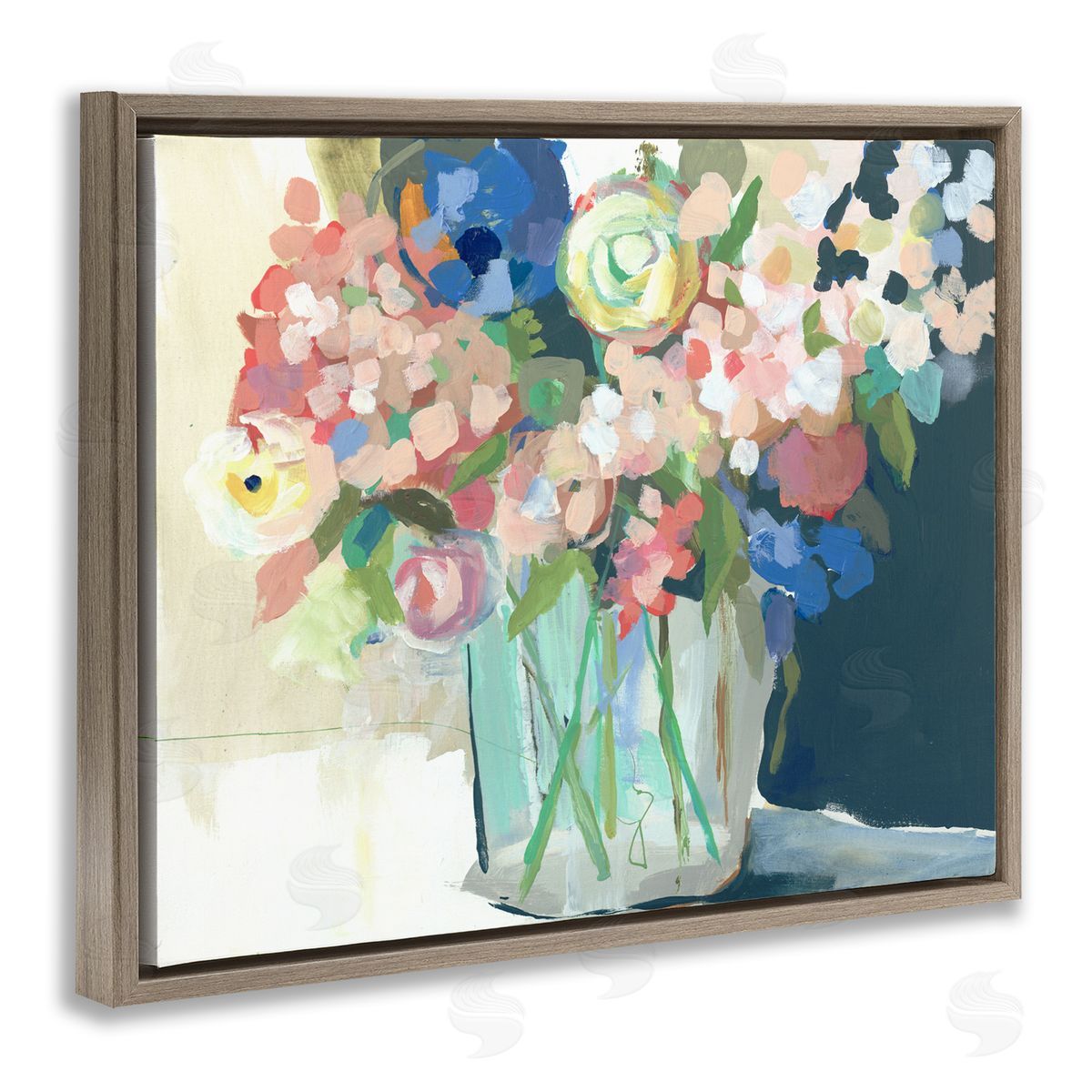 Impressionist Flower Bouquet Brown Floating Frame Canvas Wall Art, Home Decor by Jenny Westenhofer