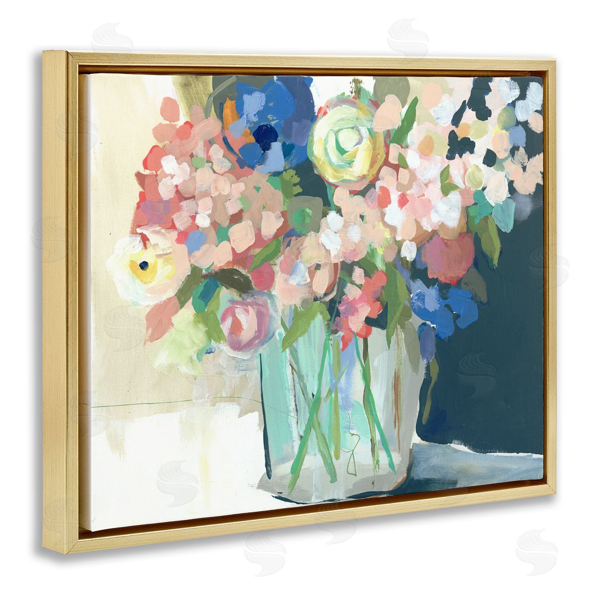Impressionist Flower Bouquet Gold Floating Frame Canvas Wall Art, Home Decor by Jenny Westenhofer