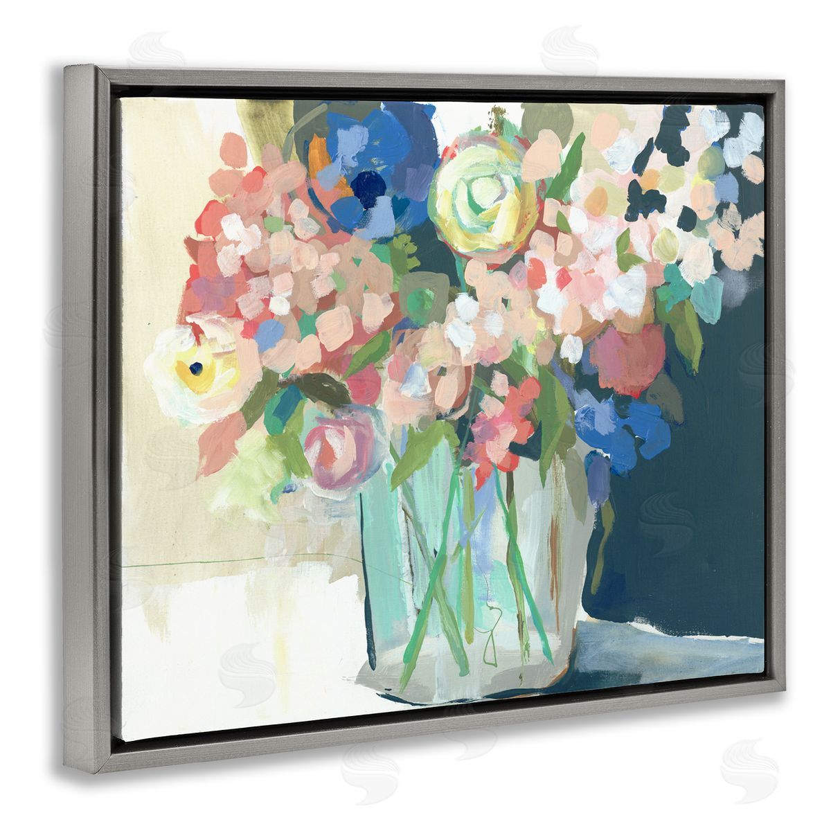 Impressionist Flower Bouquet Grey Floating Frame Canvas Wall Art, Home Decor by Jenny Westenhofer
