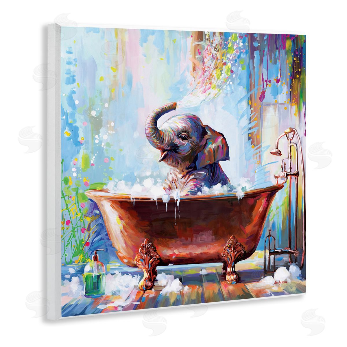 Splashing Baby Elephant Wood Plaque Wall Art, Home Decor by Leon Devenice