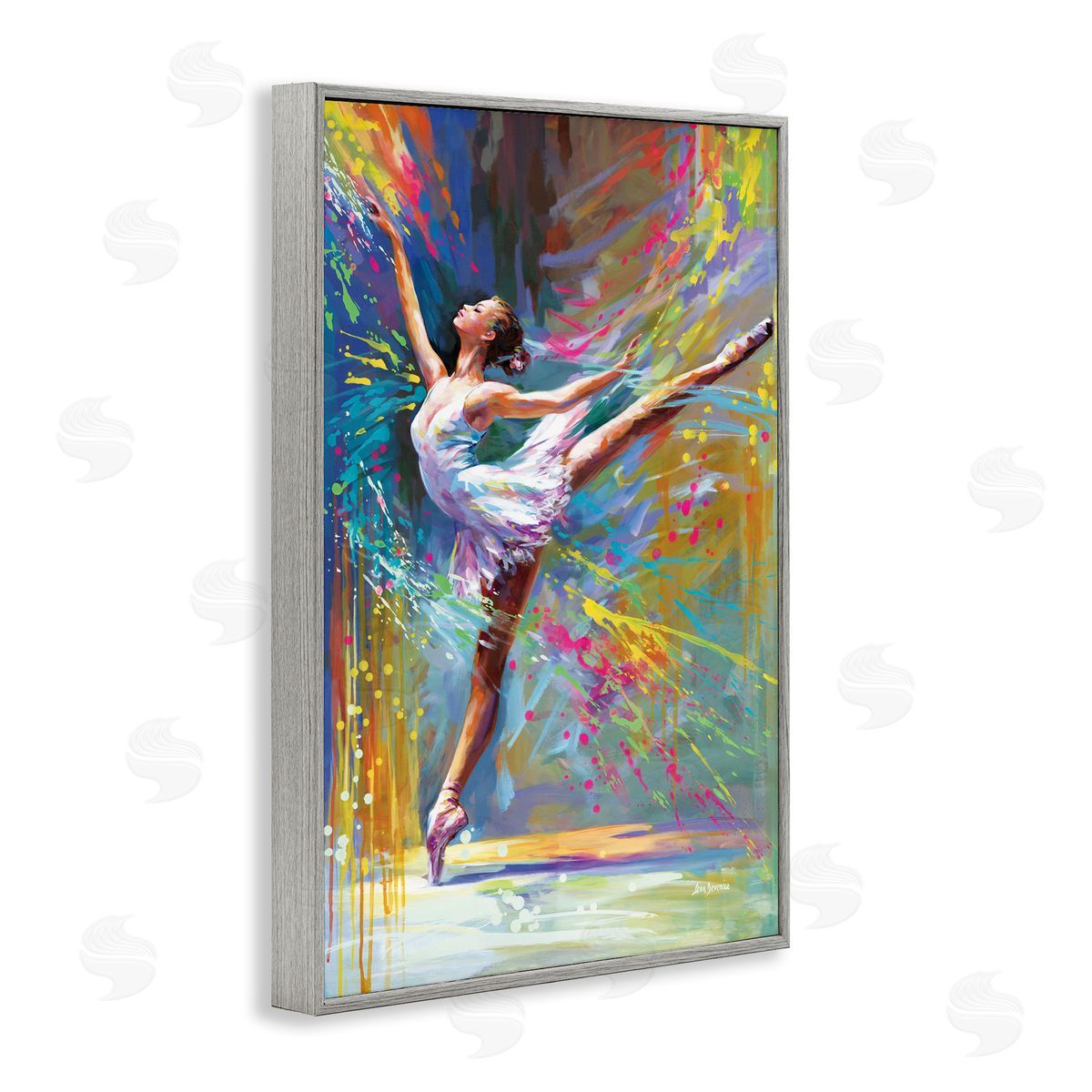 Ballerina with Modern Splash Grey Frame Print Wall Art, Home Decor by Leon Devenice