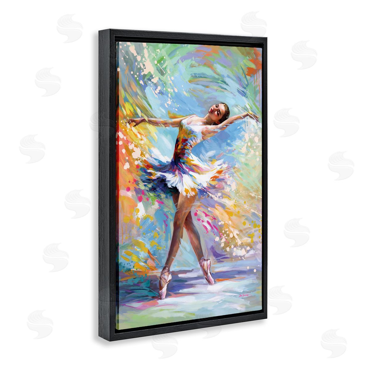 Ballerina on Pastel Splatter Black Floating Frame Canvas Wall Art, Home Decor by Leon Devenice