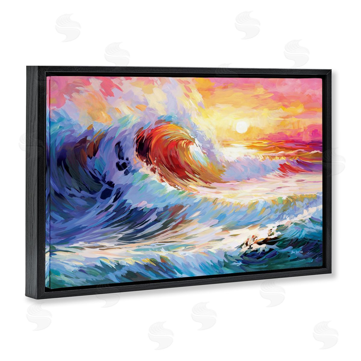 Sunrise over Ocean Wave Black Floating Frame Canvas Wall Art, Home Decor by Leon Devenice