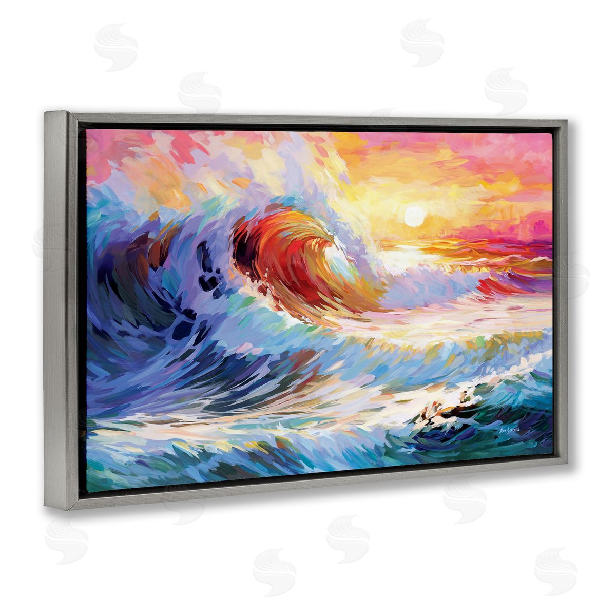 Sunrise over Ocean Wave Grey Floating Frame Canvas Wall Art, Home Decor by Leon Devenice