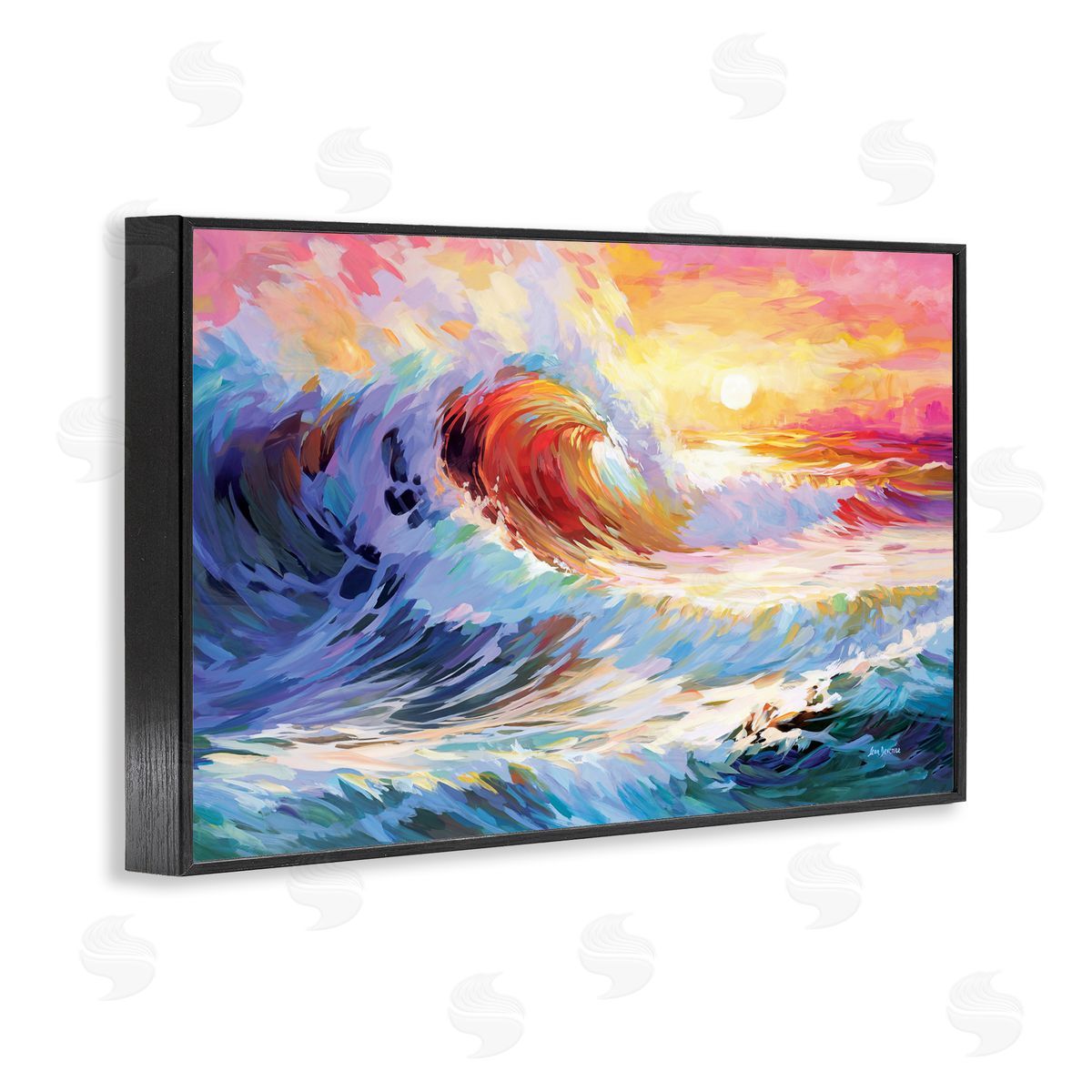 Sunrise over Ocean Wave Black Frame Print Wall Art, Home Decor by Leon Devenice