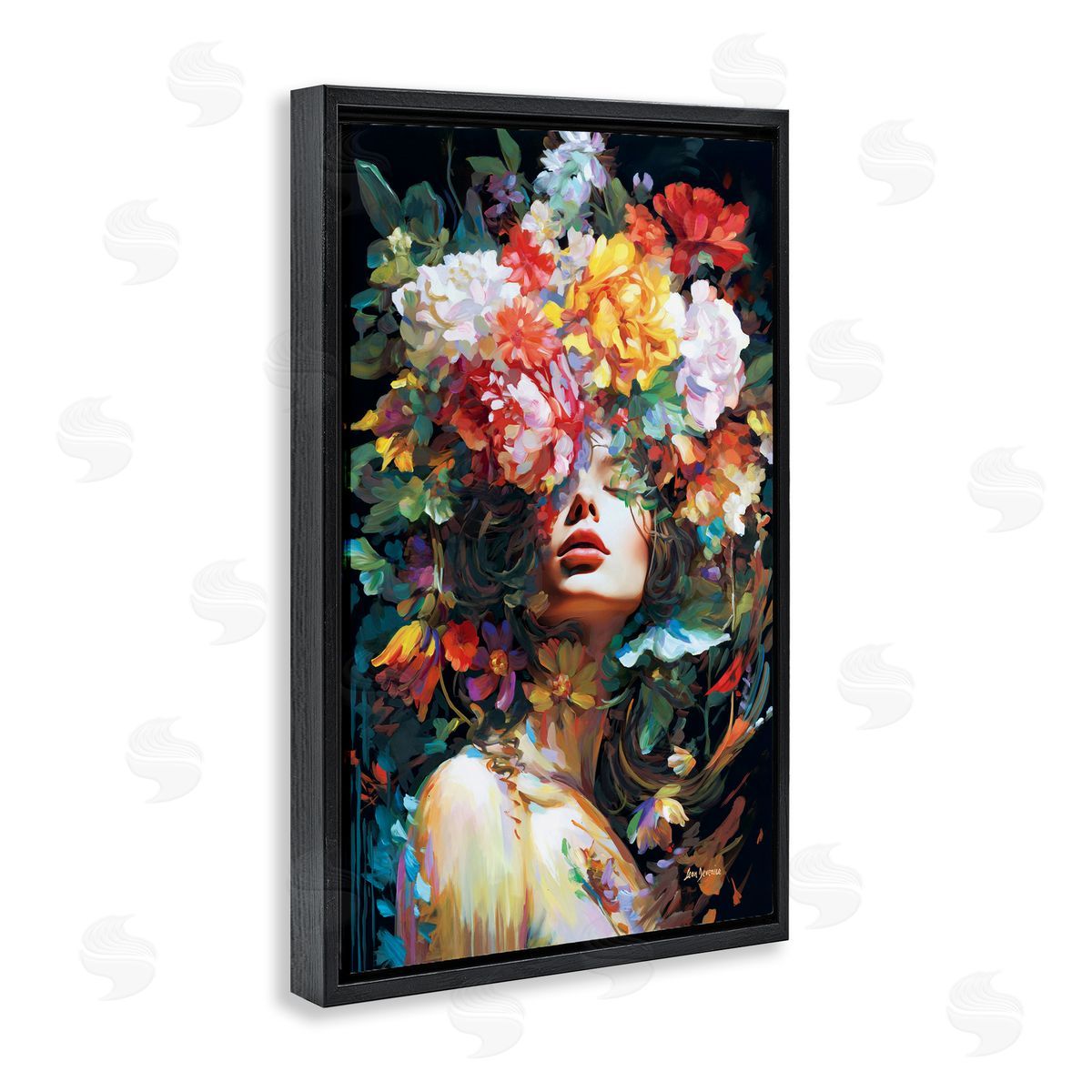 Rose Bedecked Woman Black Floating Frame Canvas Wall Art, Home Decor by Leon Devenice