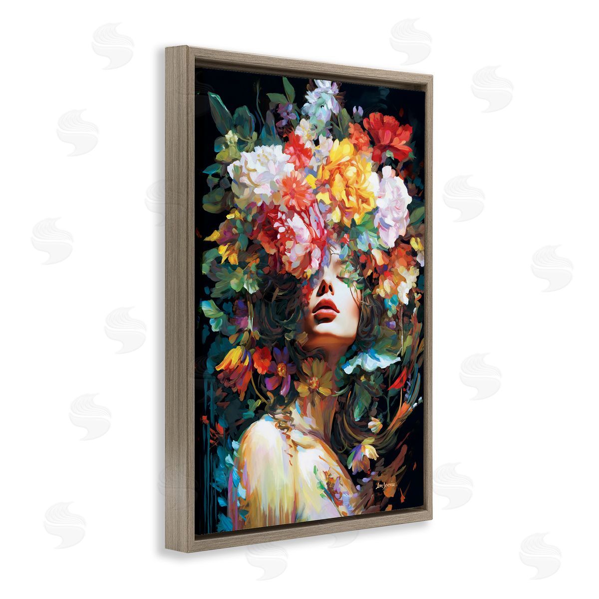 Rose Bedecked Woman Brown Floating Frame Canvas Wall Art, Home Decor by Leon Devenice