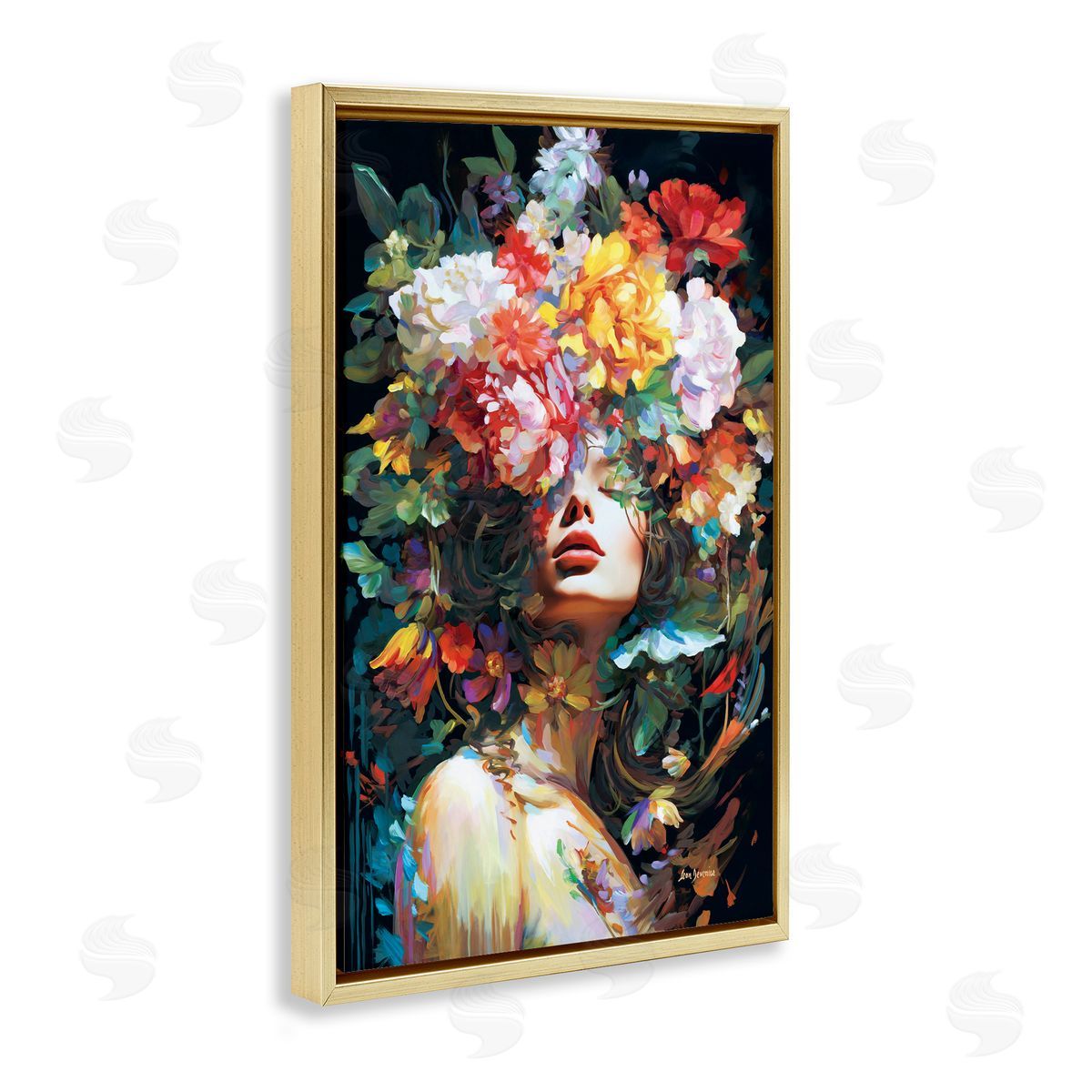 Rose Bedecked Woman Gold Floating Frame Canvas Wall Art, Home Decor by Leon Devenice