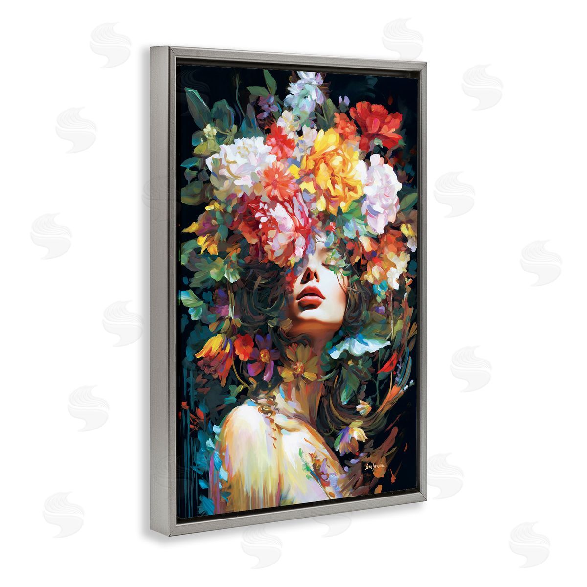 Rose Bedecked Woman Grey Floating Frame Canvas Wall Art, Home Decor by Leon Devenice