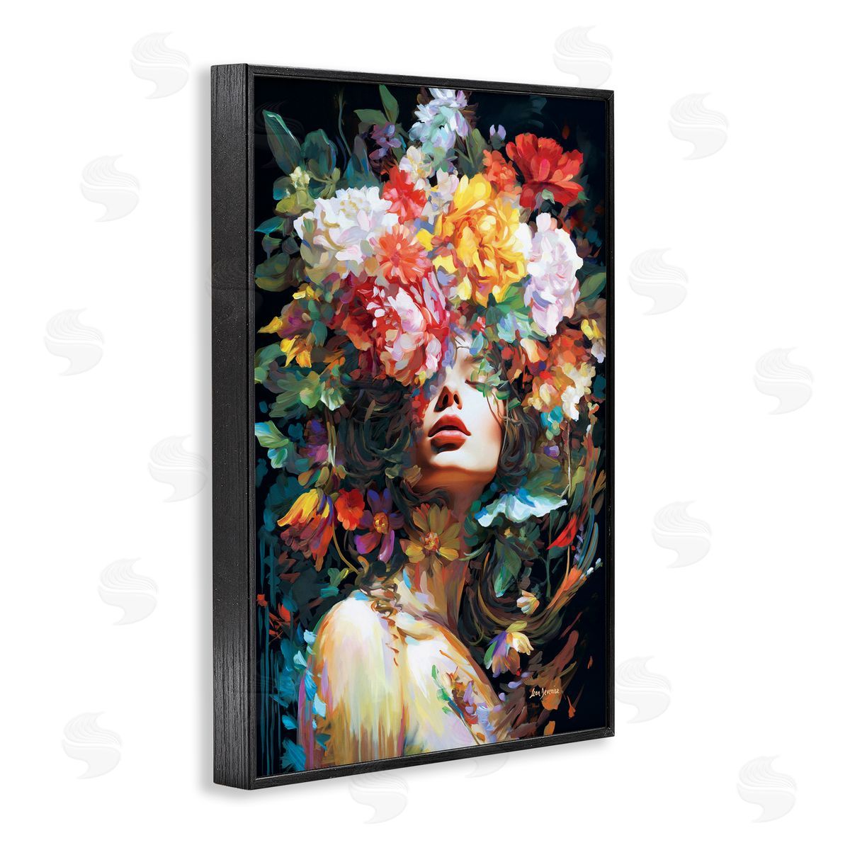 Rose Bedecked Woman Black Frame Print Wall Art, Home Decor by Leon Devenice