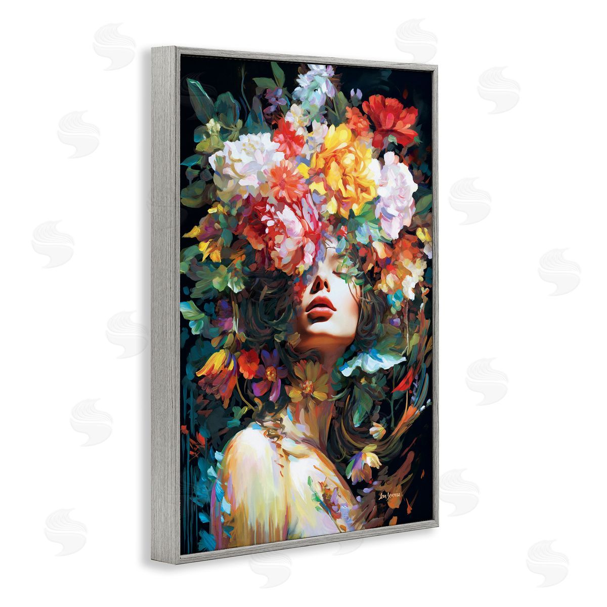 Rose Bedecked Woman Grey Frame Print Wall Art, Home Decor by Leon Devenice