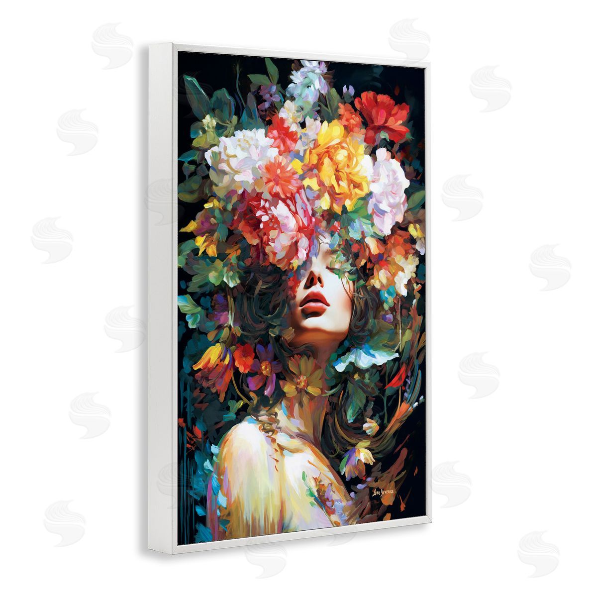 Rose Bedecked Woman White Frame Print Wall Art, Home Decor by Leon Devenice