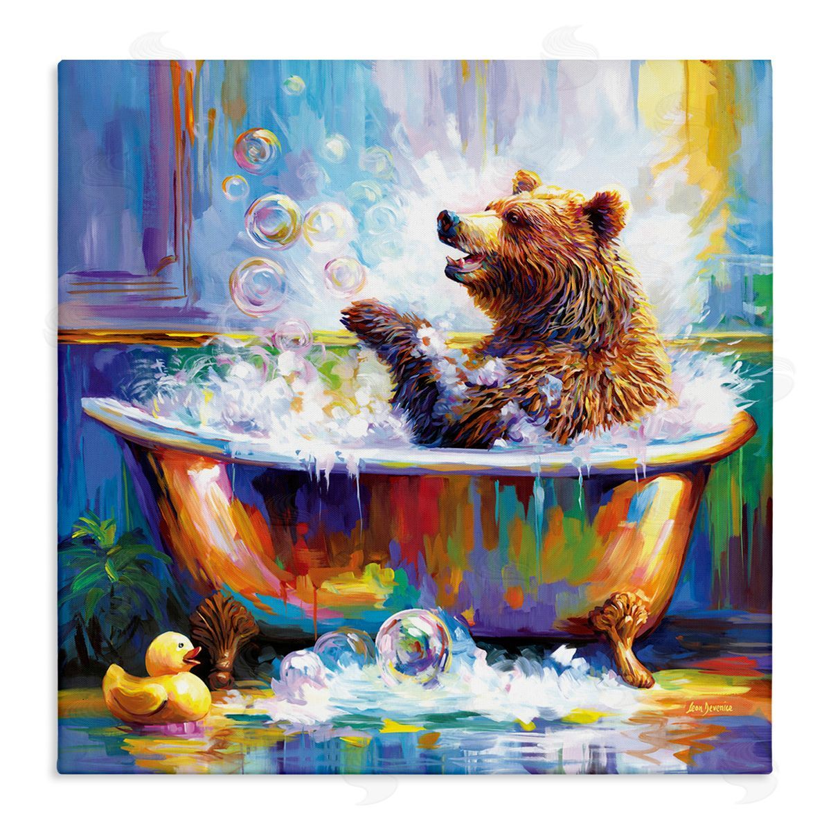 Happy Bear in Bathtub Canvas Wall Art, Home Decor by Leon Devenice