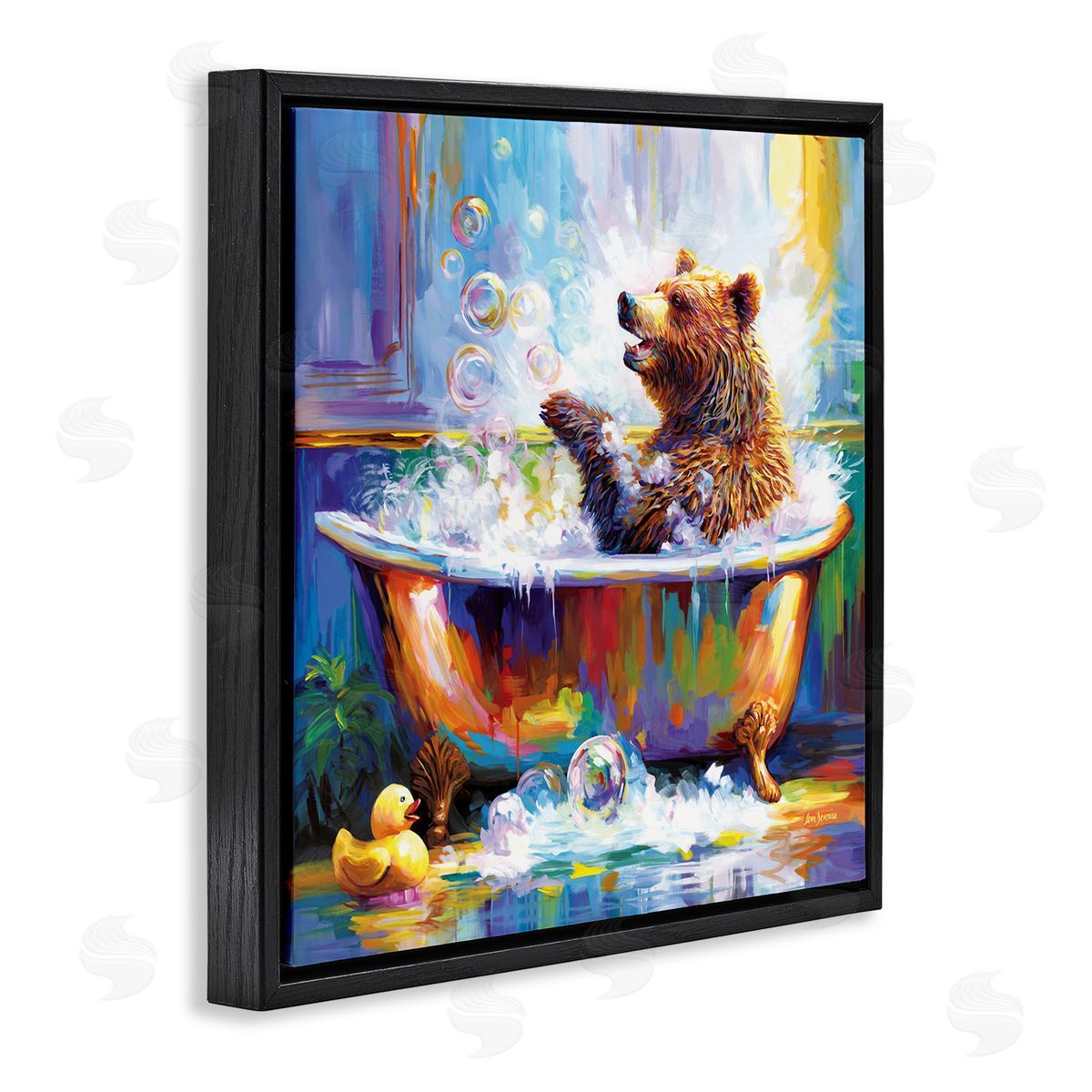 Happy Bear in Bathtub Black Floating Frame Canvas Wall Art, Home Decor by Leon Devenice