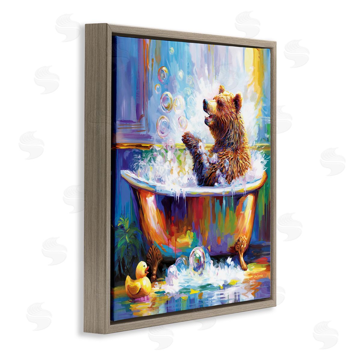 Happy Bear in Bathtub Brown Floating Frame Canvas Wall Art, Home Decor by Leon Devenice