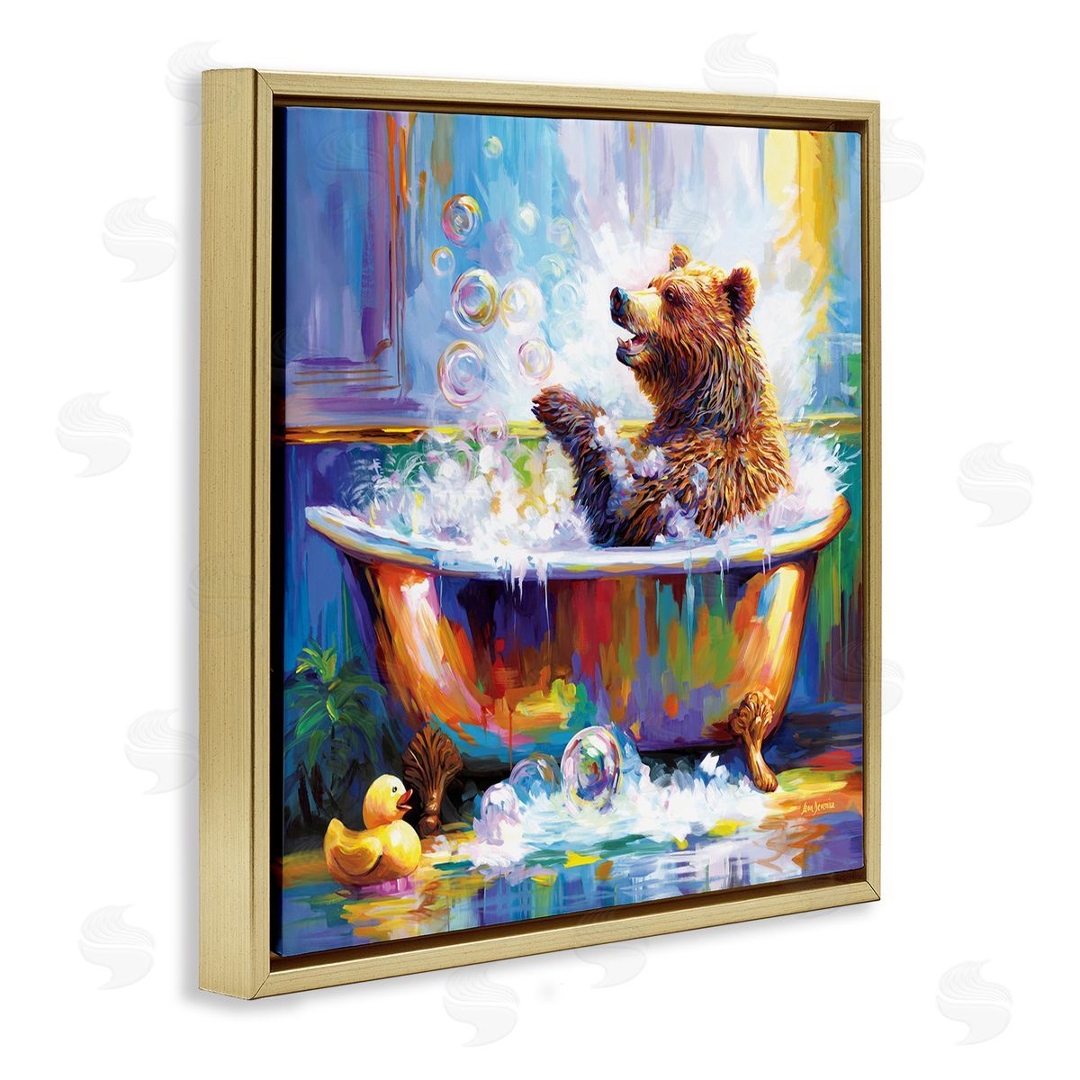Happy Bear in Bathtub Gold Floating Frame Canvas Wall Art, Home Decor by Leon Devenice
