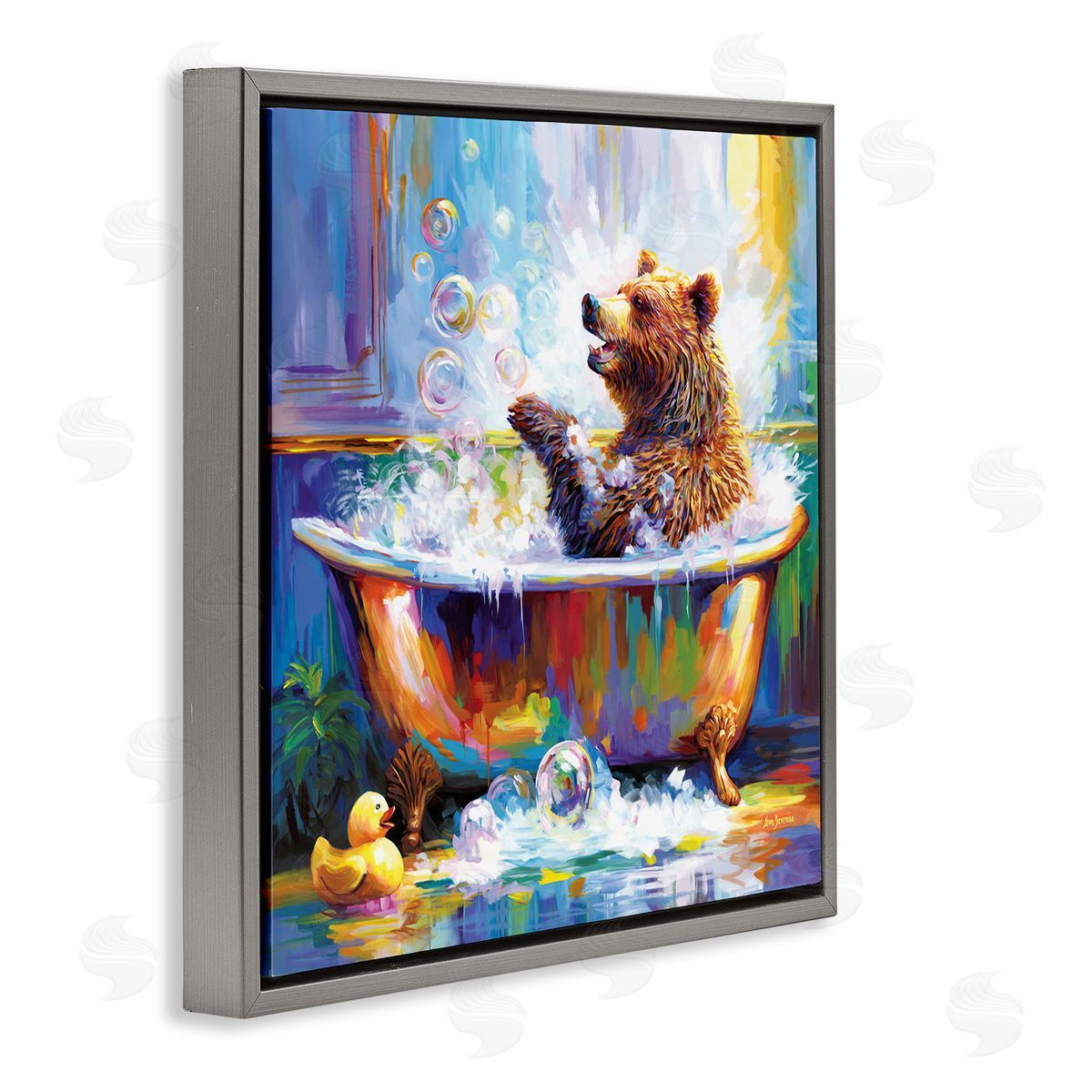 Happy Bear in Bathtub Grey Floating Frame Canvas Wall Art, Home Decor by Leon Devenice