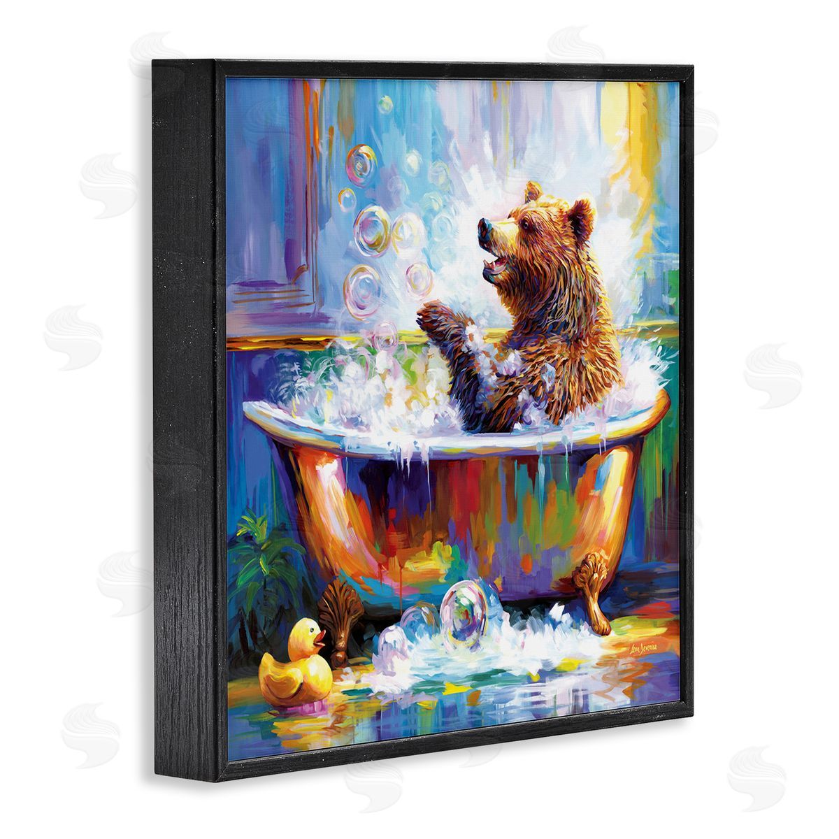 Happy Bear in Bathtub Black Frame Print Wall Art, Home Decor by Leon Devenice
