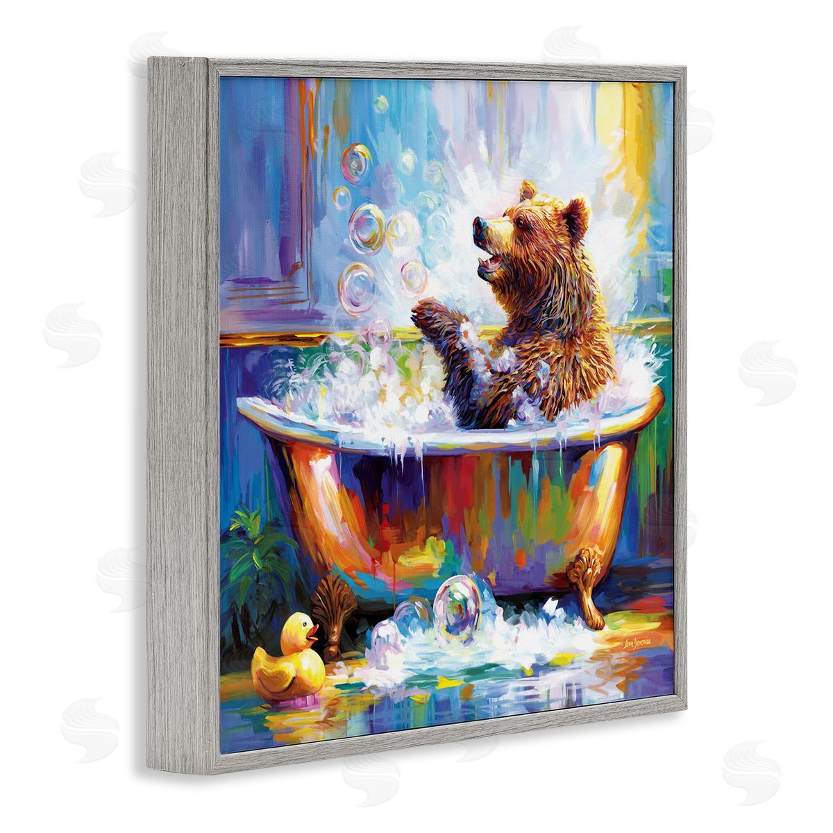 Happy Bear in Bathtub Grey Frame Print Wall Art, Home Decor by Leon Devenice
