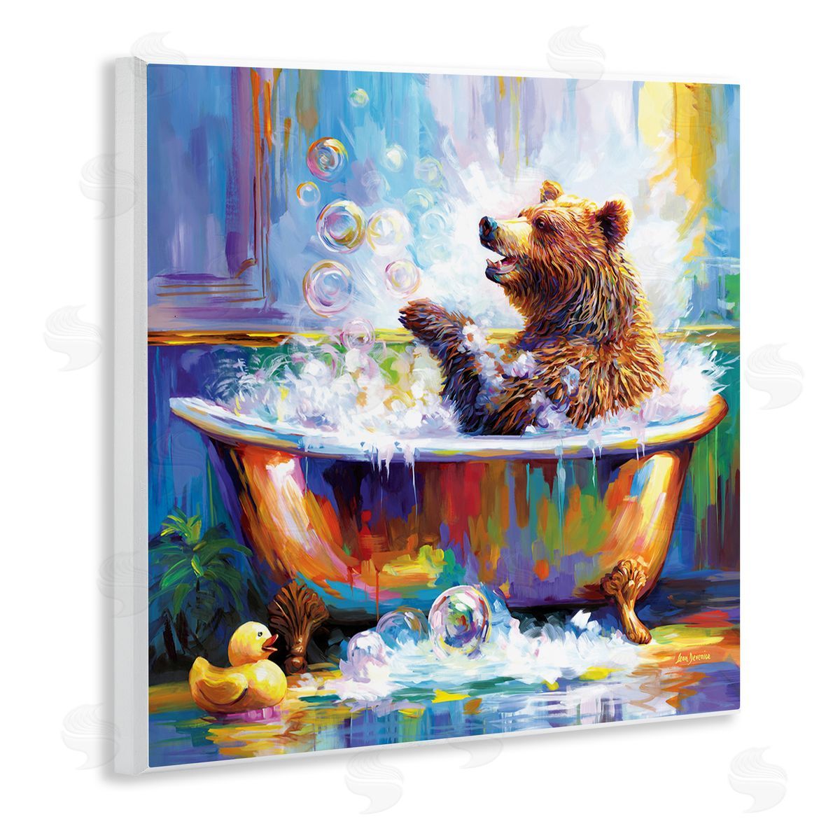 Happy Bear in Bathtub Wood Plaque Wall Art, Home Decor by Leon Devenice