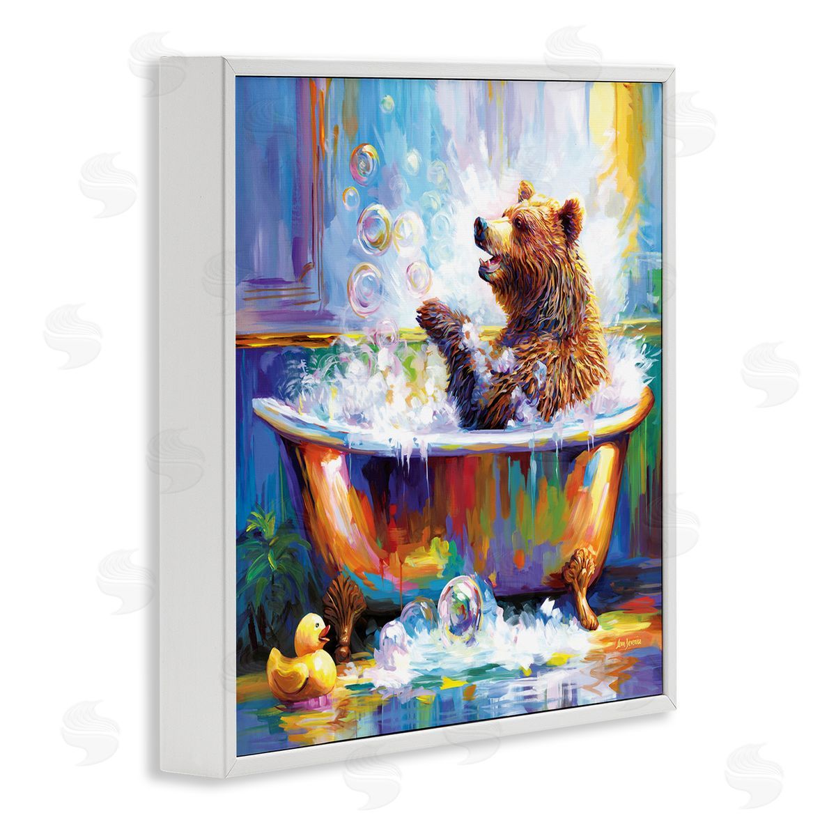 Happy Bear in Bathtub White Frame Print Wall Art, Home Decor by Leon Devenice