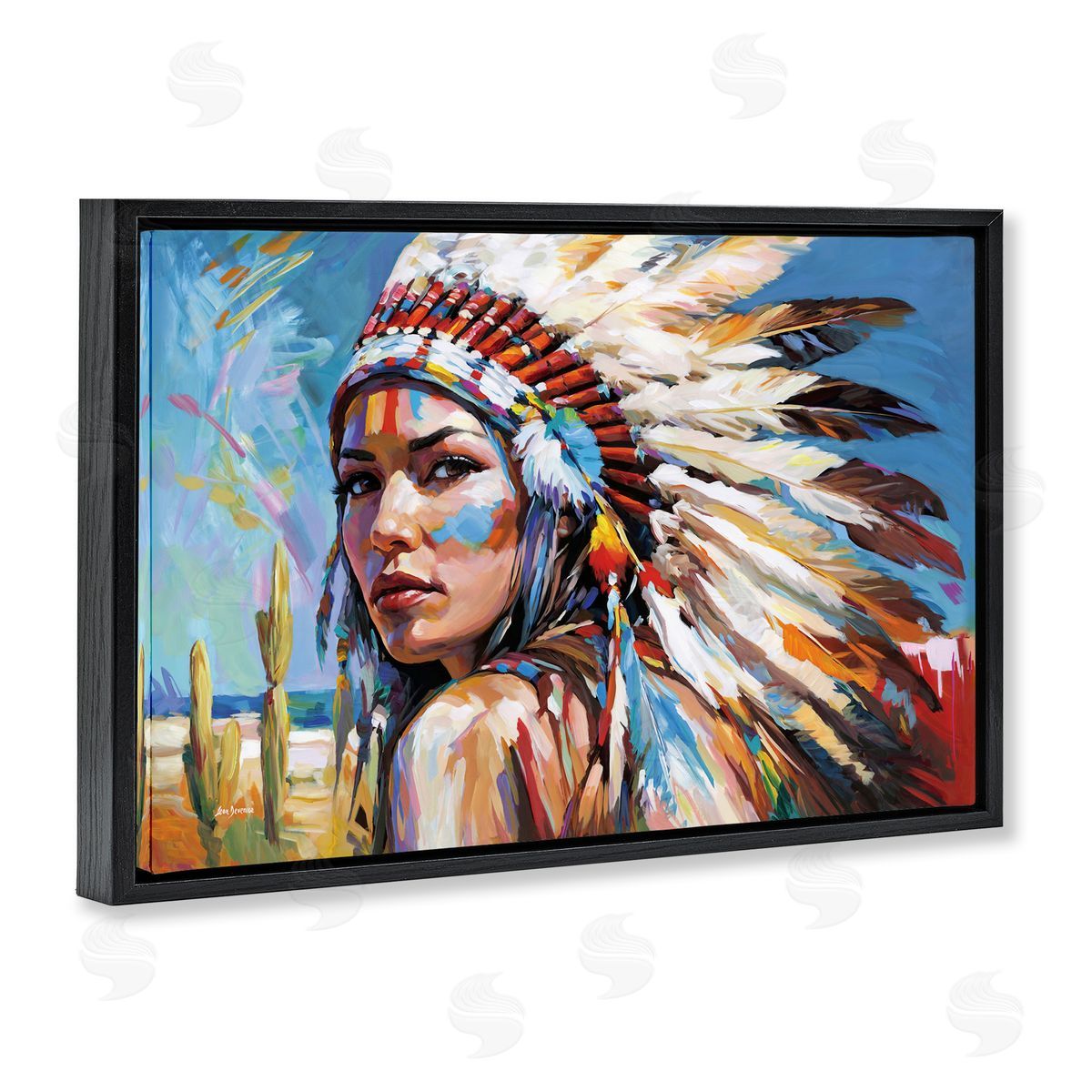 Native American Woman Portrait Black Floating Frame Canvas Wall Art, Home Decor by Leon Devenice