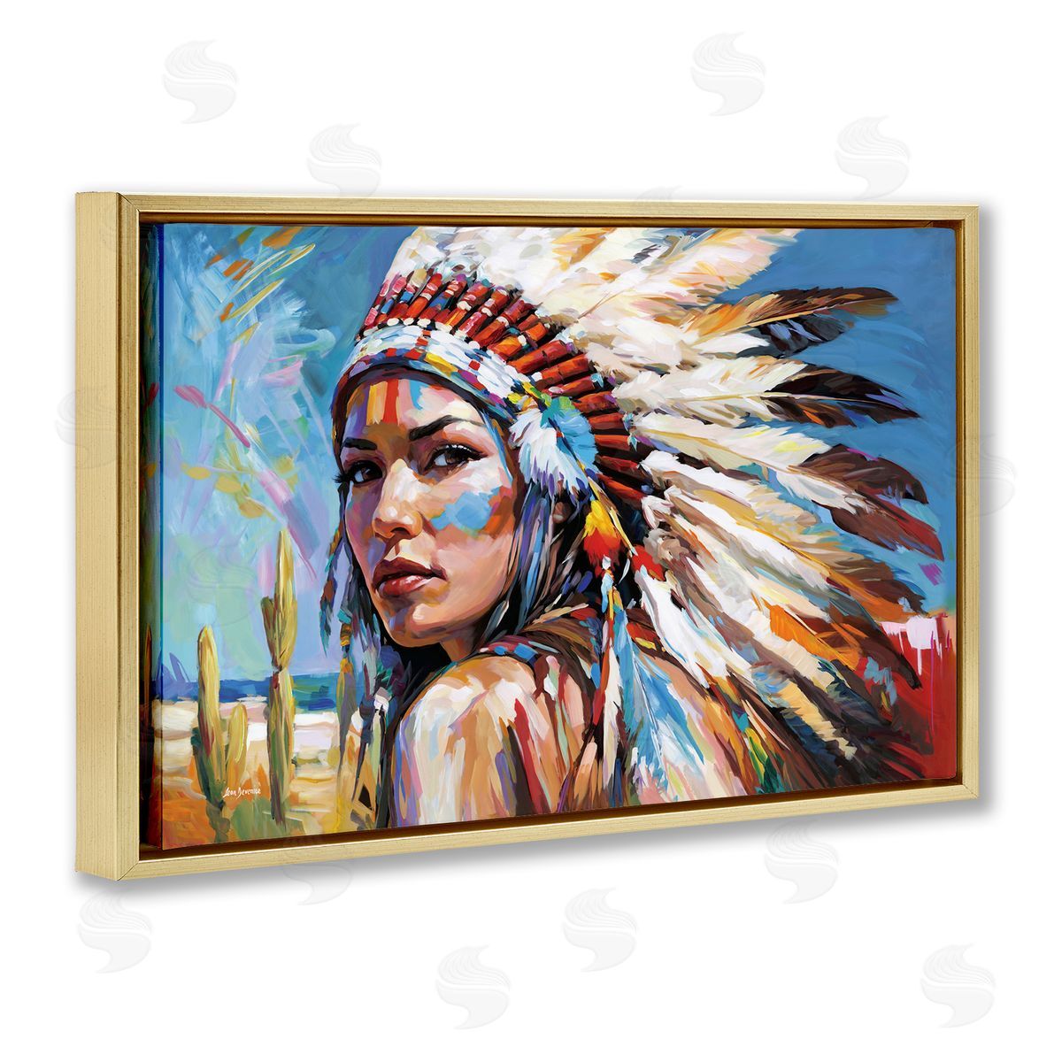 Native American Woman Portrait Gold Floating Frame Canvas Wall Art, Home Decor by Leon Devenice