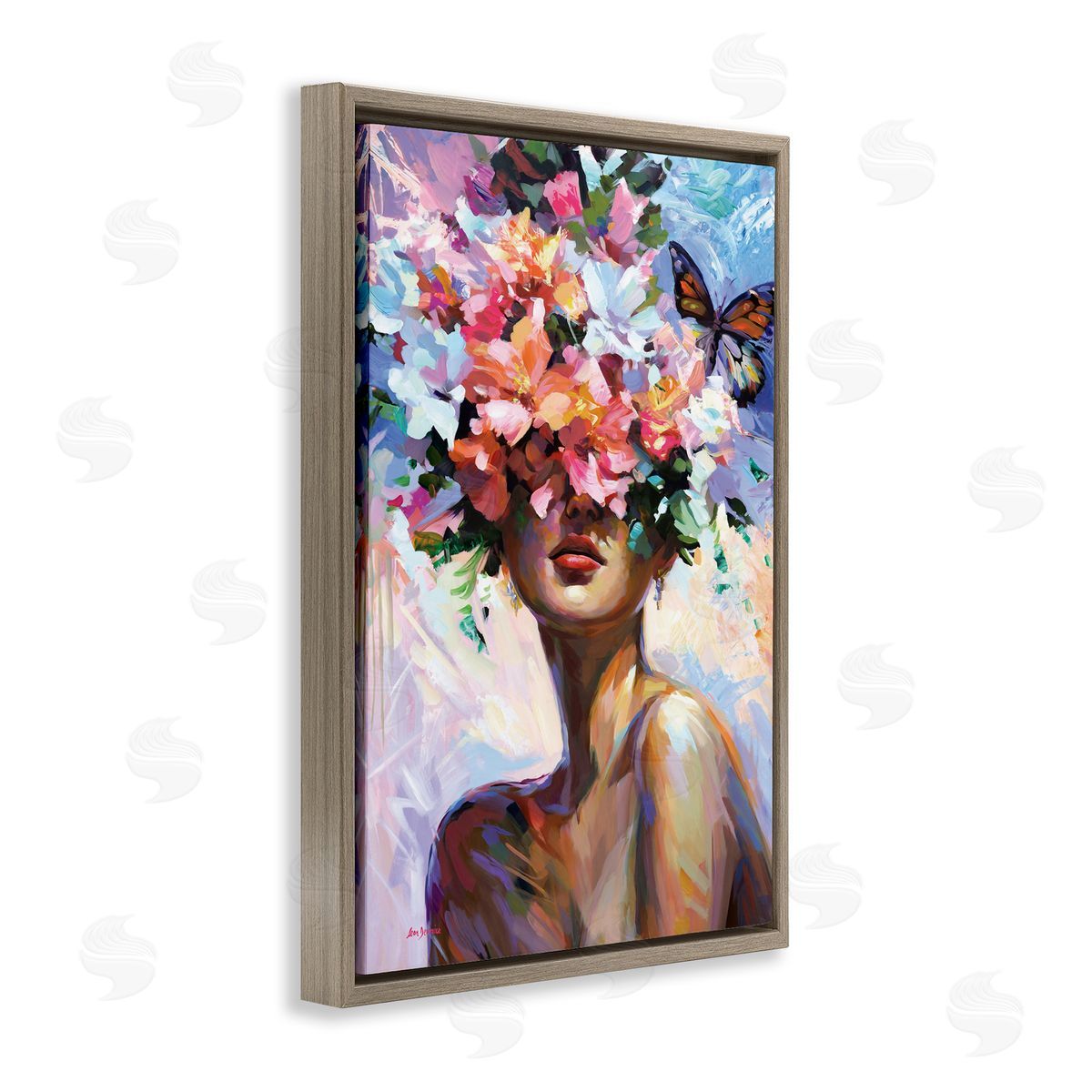 Surrounded By Florals Brown Floating Frame Canvas Wall Art, Home Decor by Leon Devenice
