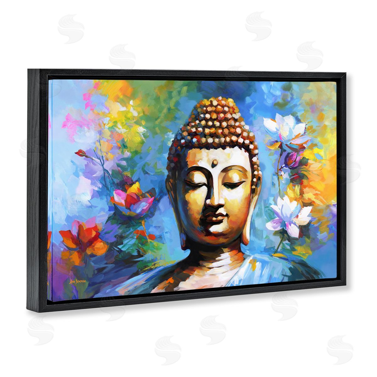 Buddha with Bright Lotus Black Floating Frame Canvas Wall Art, Home Decor by Leon Devenice