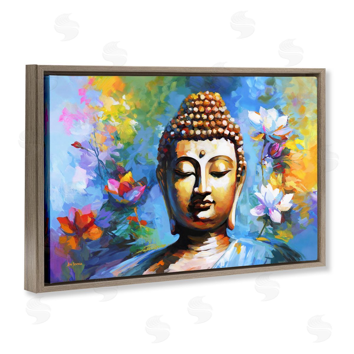 Buddha with Bright Lotus Brown Floating Frame Canvas Wall Art, Home Decor by Leon Devenice