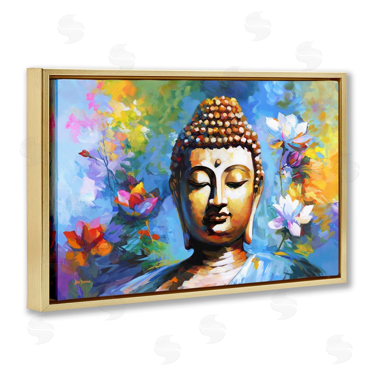 Buddha with Bright Lotus Gold Floating Frame Canvas Wall Art, Home Decor by Leon Devenice