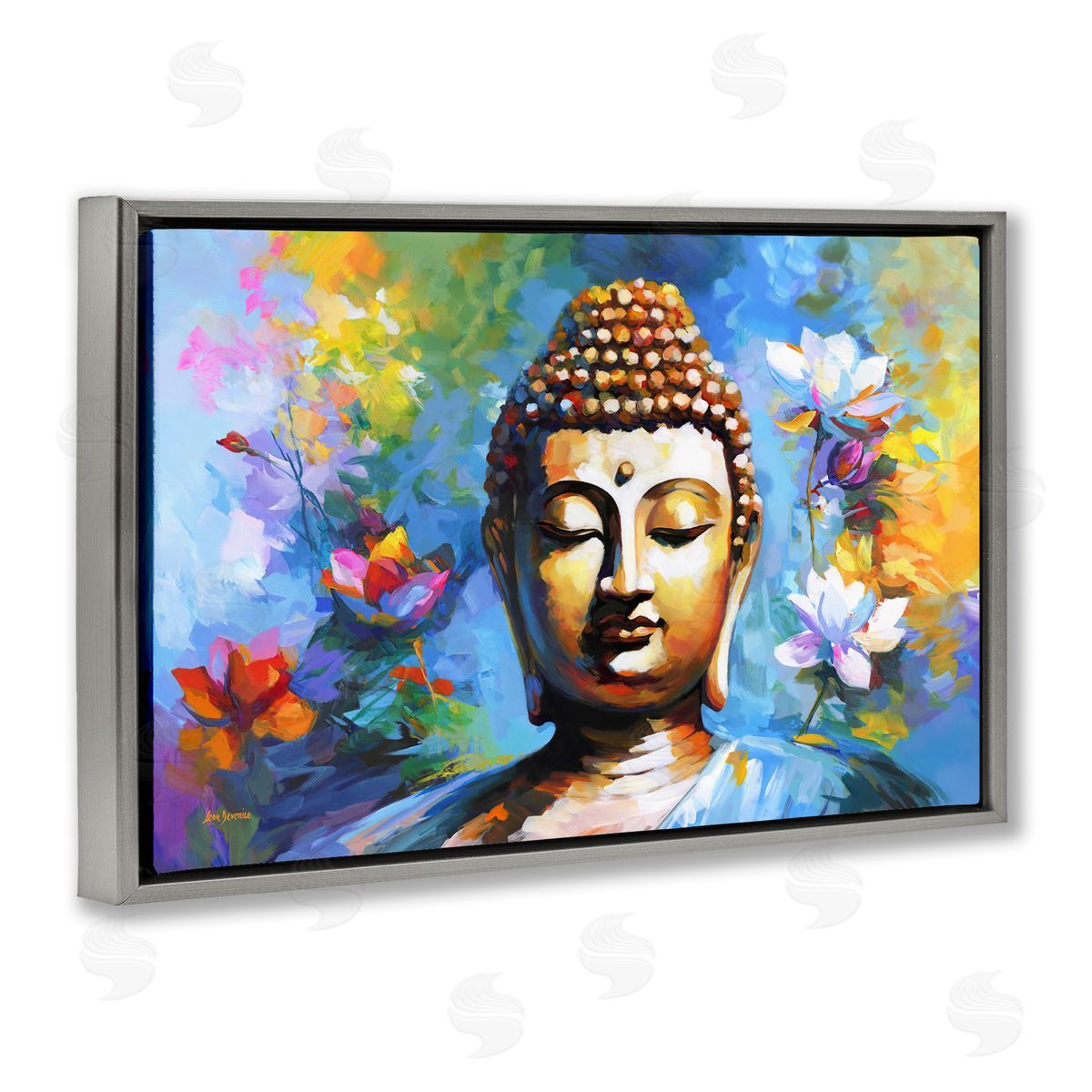 Buddha with Bright Lotus Grey Floating Frame Canvas Wall Art, Home Decor by Leon Devenice
