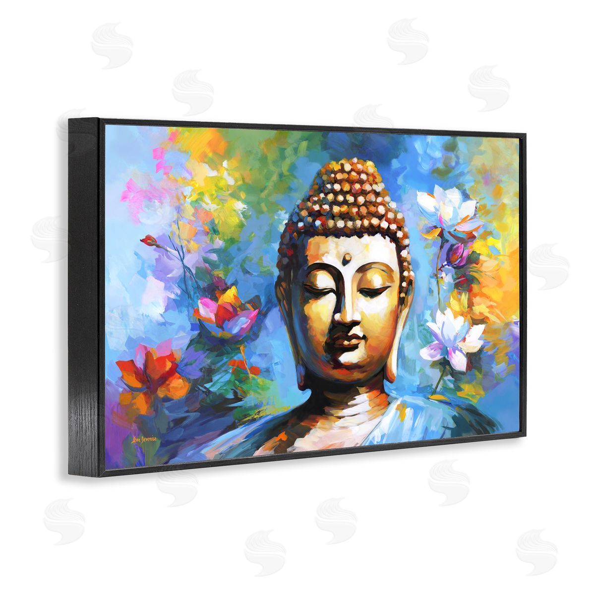Buddha with Bright Lotus Black Frame Print Wall Art, Home Decor by Leon Devenice