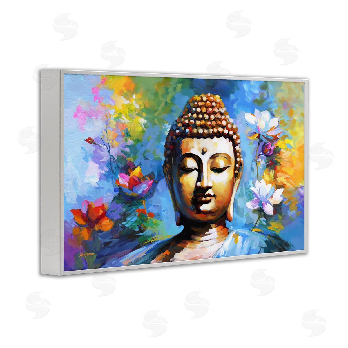 Buddha with Bright Lotus White Frame Print Wall Art, Home Decor by Leon Devenice
