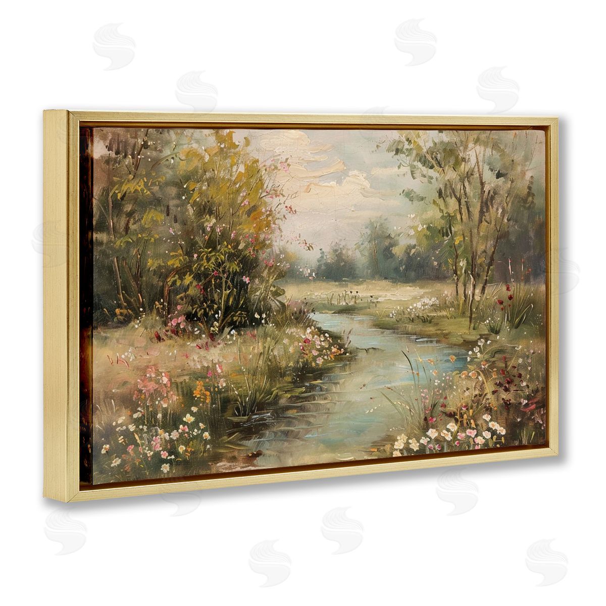 Spring Stream Landscape Gold Floating Frame Canvas Wall Art, Home Decor by LSR Design Studio
