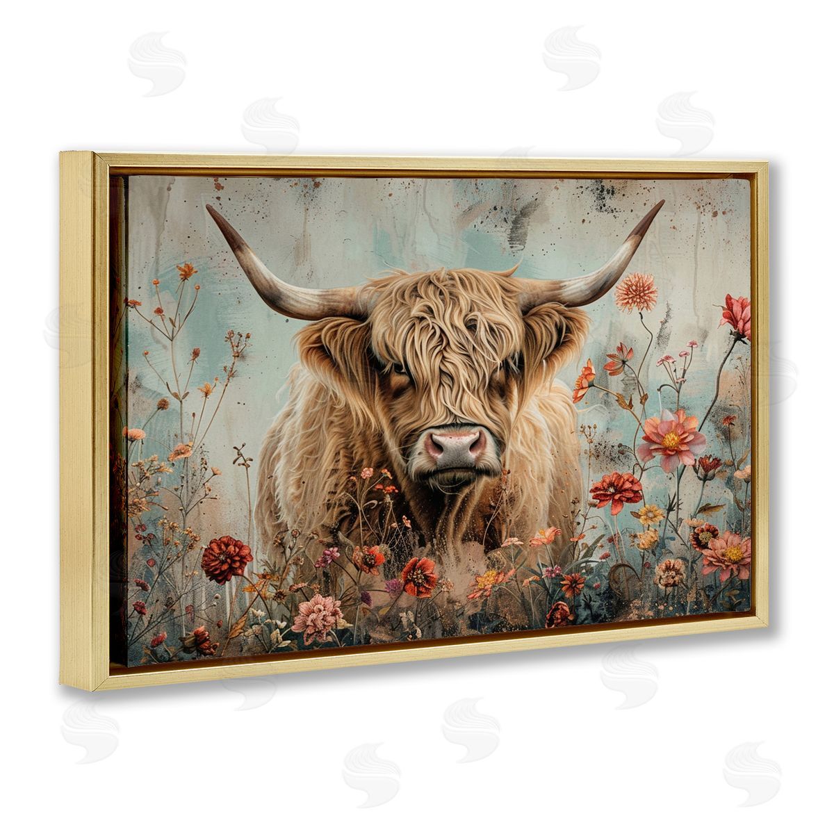 Spring Blooms Highland Cow Gold Floating Frame Canvas Wall Art, Home Decor by LSR Design Studio