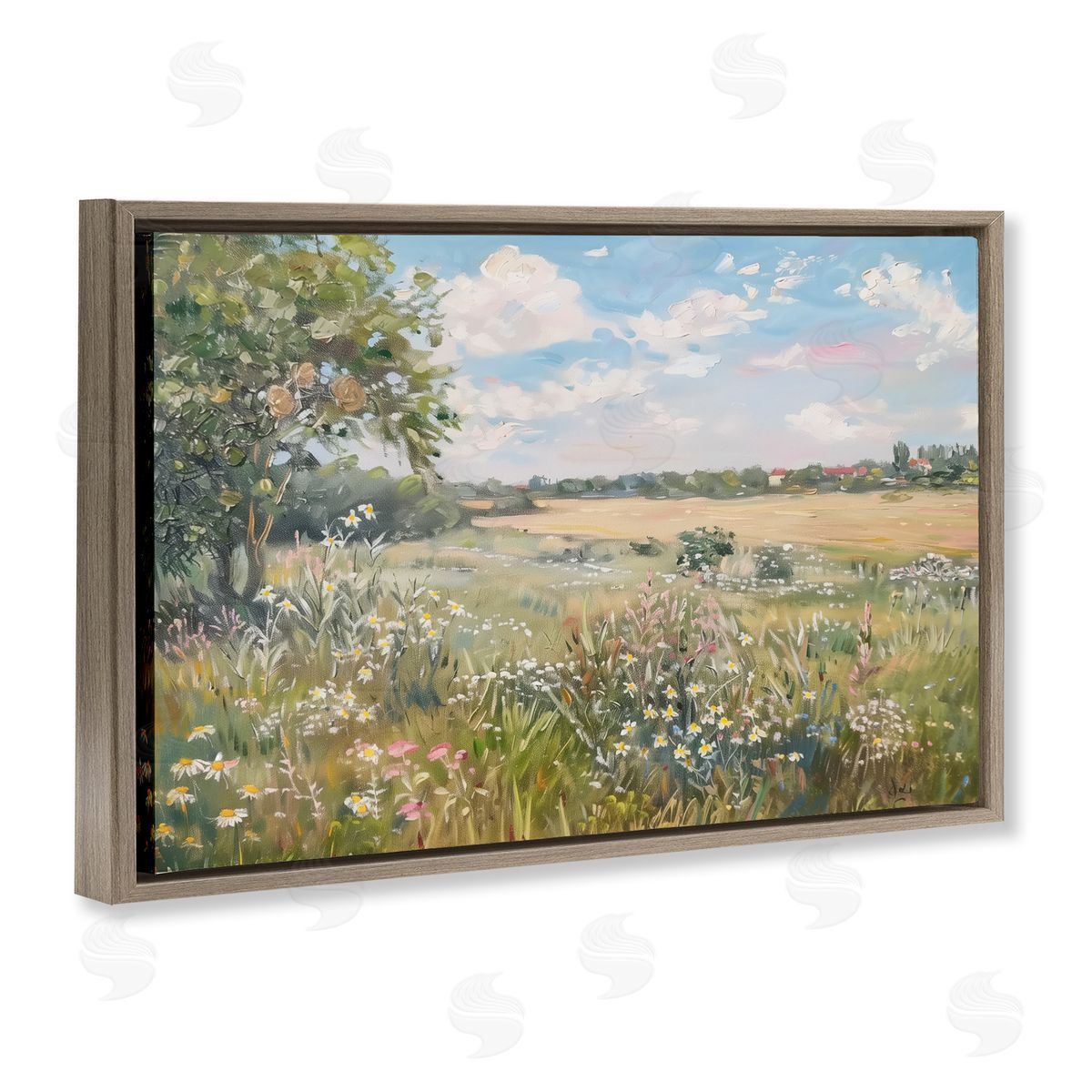 Vast Wildflower Field Brown Floating Frame Canvas Wall Art, Home Decor by LSR Design Studio