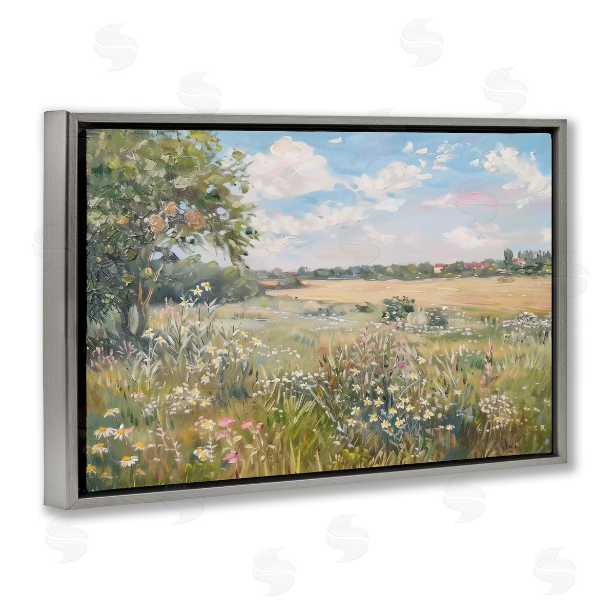 Vast Wildflower Field Grey Floating Frame Canvas Wall Art, Home Decor by LSR Design Studio