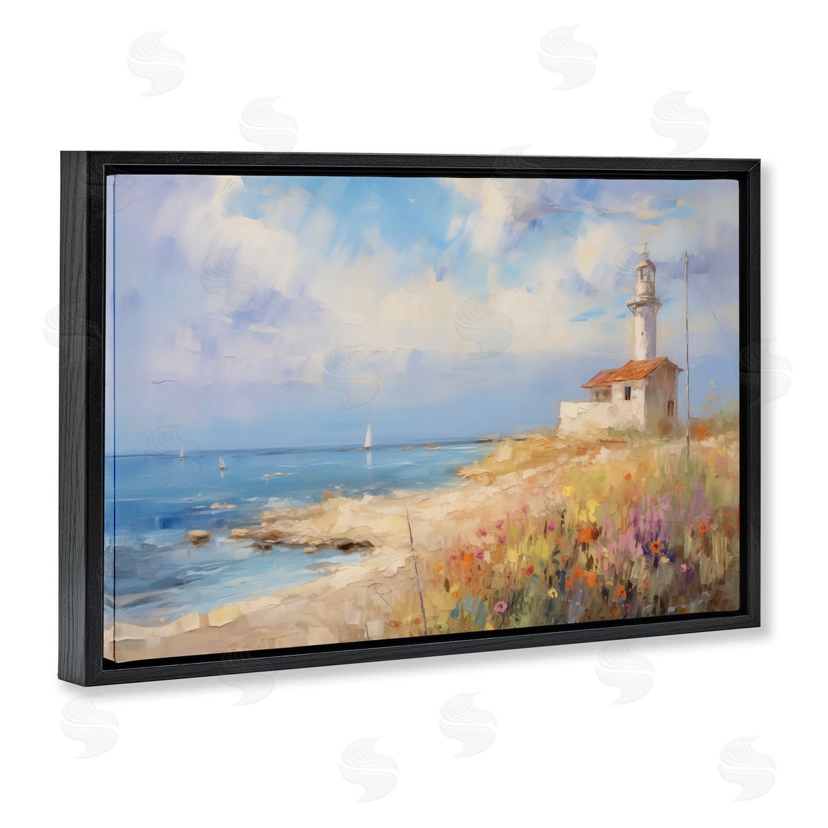 Vintage Lighthouse View Black Floating Frame Canvas Wall Art, Home Decor by LSR Design Studio