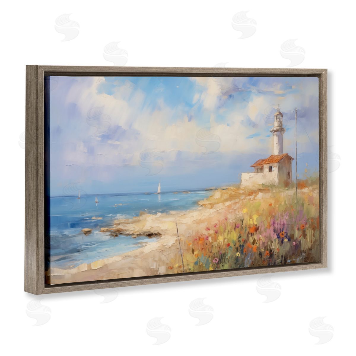 Vintage Lighthouse View Brown Floating Frame Canvas Wall Art, Home Decor by LSR Design Studio