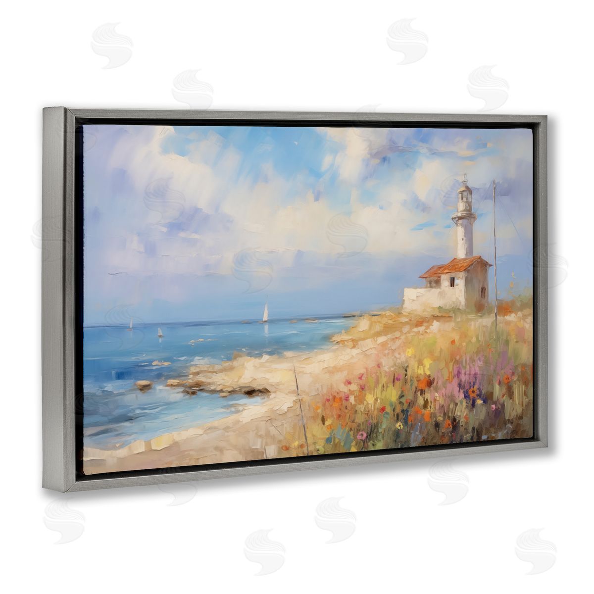Vintage Lighthouse View Grey Floating Frame Canvas Wall Art, Home Decor by LSR Design Studio