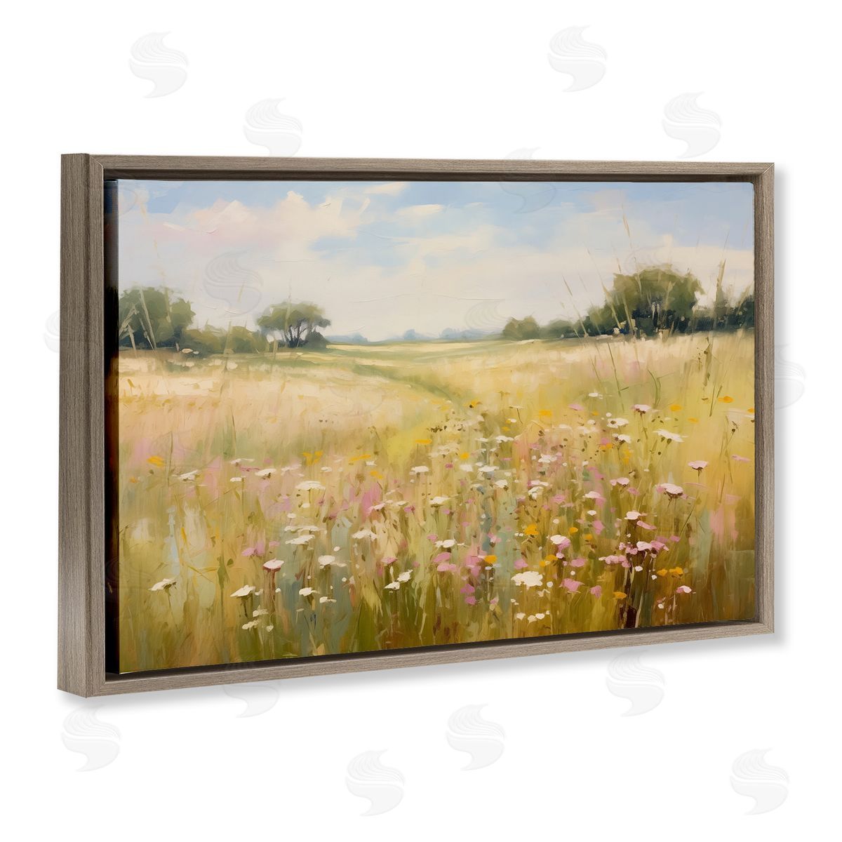 Faded Wildflower Field Brown Floating Frame Canvas Wall Art, Home Decor by LSR Design Studio
