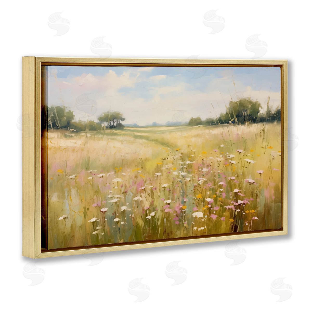 Faded Wildflower Field Gold Floating Frame Canvas Wall Art, Home Decor by LSR Design Studio