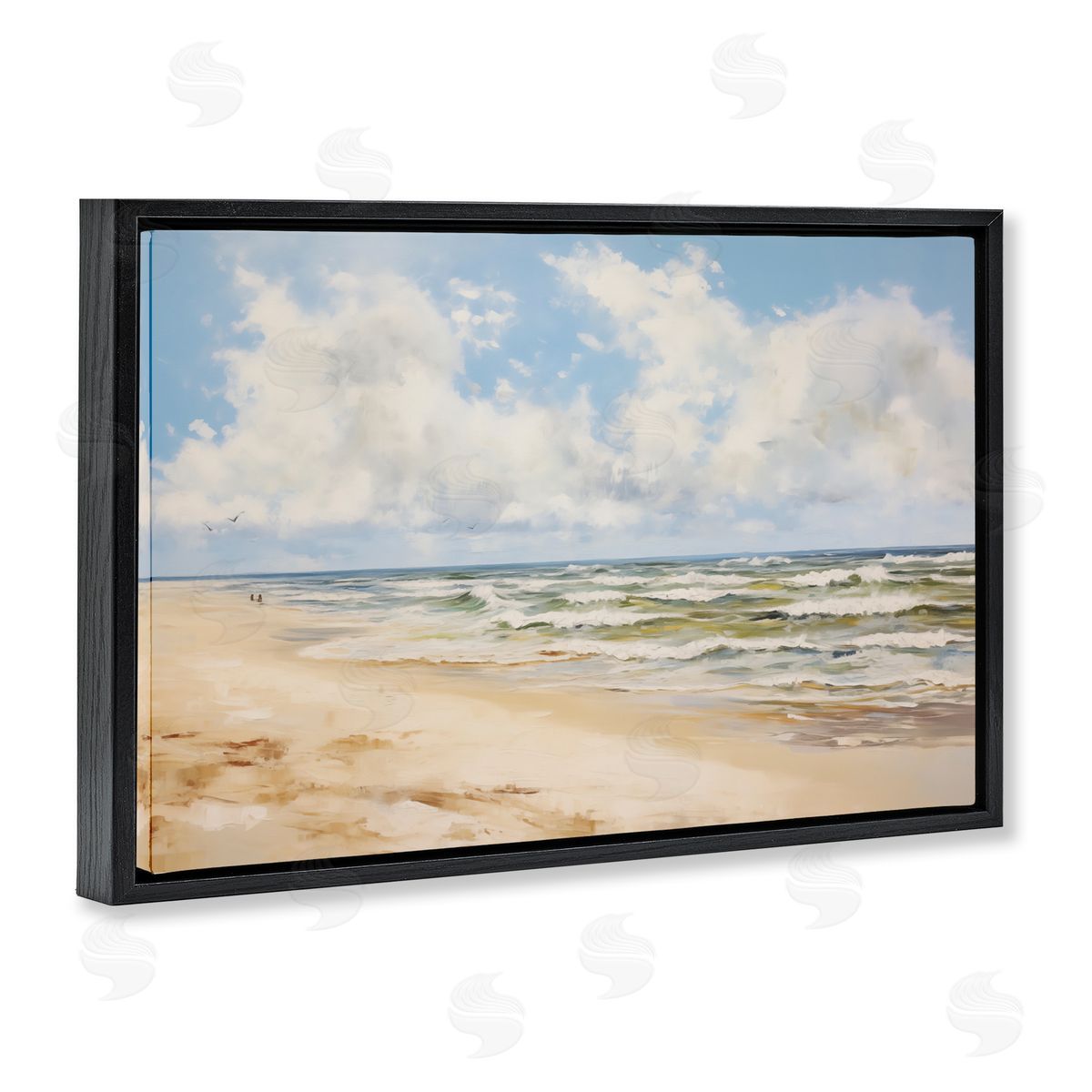 Cloudy Summer Beach Black Floating Frame Canvas Wall Art, Home Decor by LSR Design Studio
