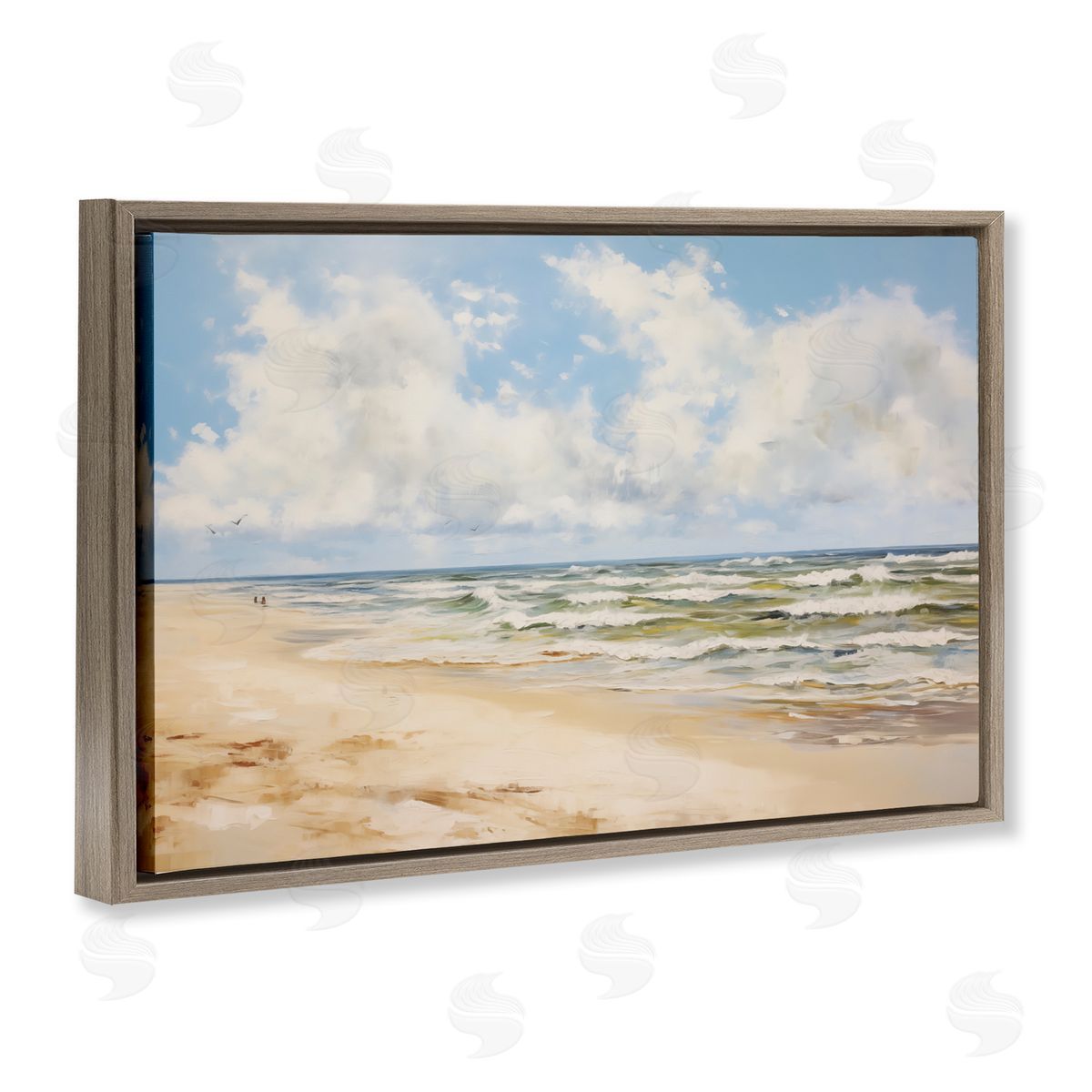 Cloudy Summer Beach Brown Floating Frame Canvas Wall Art, Home Decor by LSR Design Studio