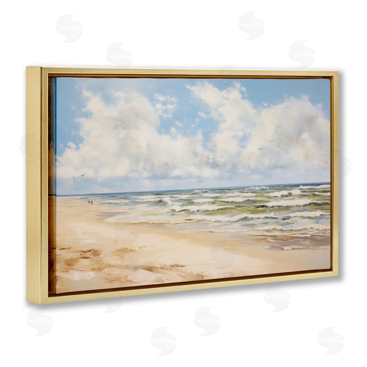 Cloudy Summer Beach Gold Floating Frame Canvas Wall Art, Home Decor by LSR Design Studio