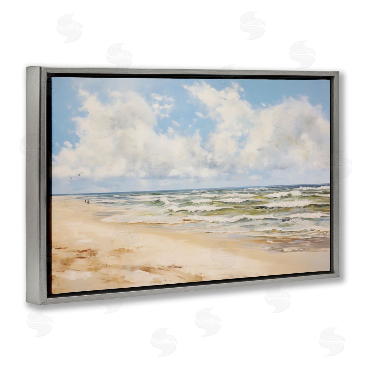 Cloudy Summer Beach Grey Floating Frame Canvas Wall Art, Home Decor by LSR Design Studio
