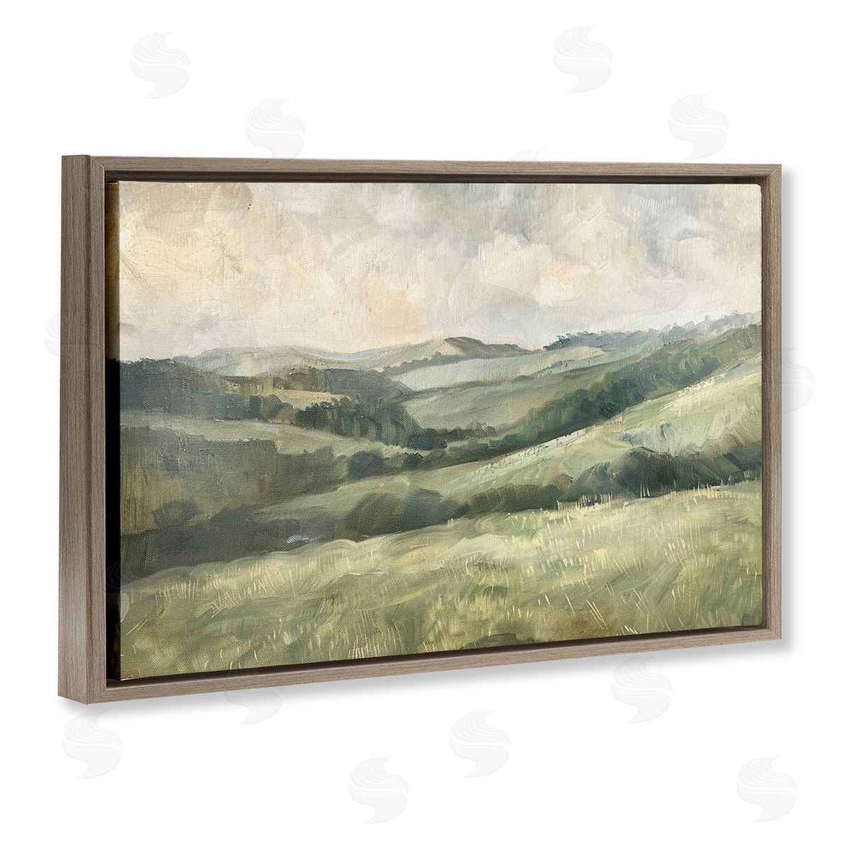 Green Hilly Landscape Brown Floating Frame Canvas Wall Art, Home Decor by LSR Design Studio