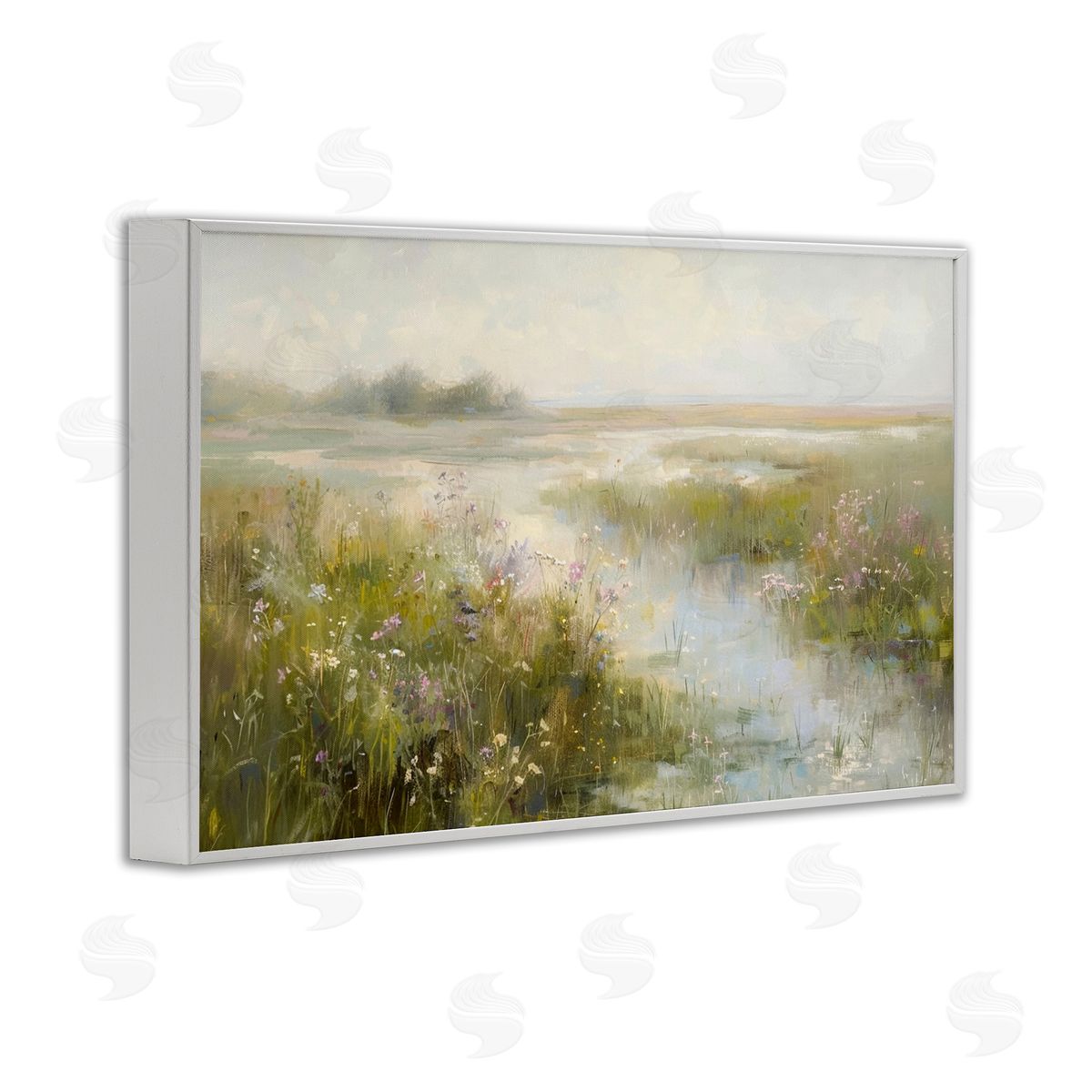 Spring River with Wild Blooms White Frame Print Wall Art, Home Decor by LSR Design Studio