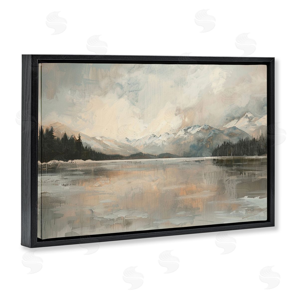 Frozen Lake Landscape Black Floating Frame Canvas Wall Art, Home Decor by LSR Design Studio